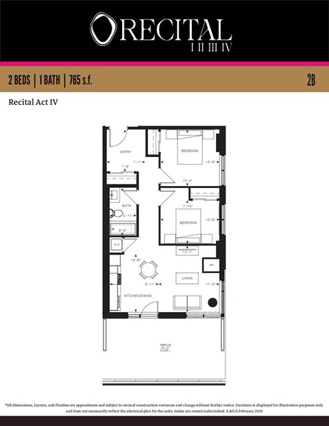 Floor plan for 2 beds, 1 bath, 765 sqft